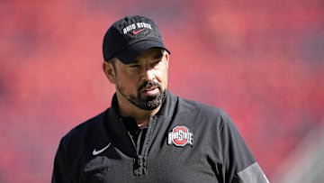 Oct 18, 2025; Madison, Wisconsin, USA;  Ohio State Buckeyes head coach Ryan Day looks on before the game against the Wisconsin Badgers at Camp Randall Stadium. Mandatory Credit: Jeff Hanisch-Imagn Images