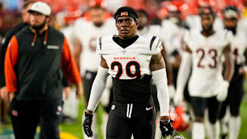 Cincinnati Bengals cornerback Cam Taylor-Britt (29) walks for the locker room before the first quarter of the NFL Preseason Week 2 game between the Washington Commanders and the Cincinnati Bengals at Northwest Stadium in Landover, Md., on Monday, Aug. 18, 2025.