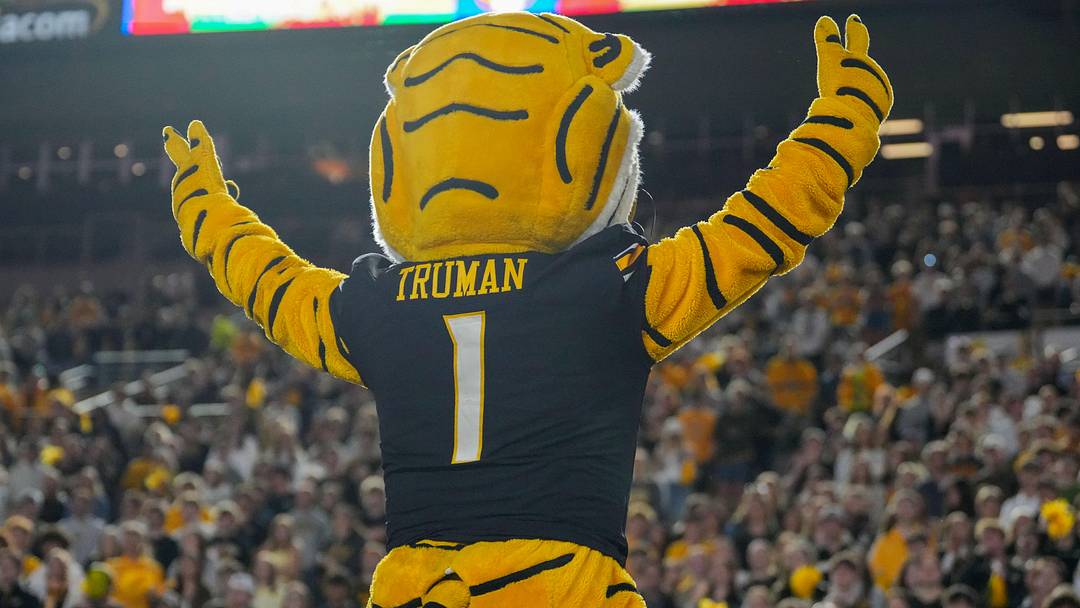 Nov 15, 2025; Columbia, Missouri, USA; The Missouri Tigers mascot Truman celebrates with fans against the Mississippi State Bulldogs during the second half of the game at Faurot Field at Memorial Stadium. Nov 15, 2025; Columbia, Missouri, USA; The Missouri Tigers mascot Truman celebrates with fans against the Mississippi State Bulldogs during the second half of the game at Faurot Field at Memorial Stadium.