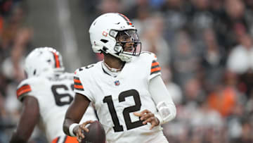 Nov 23, 2025; Paradise, NV; Cleveland Browns quarterback Shedeur Sanders against the Las Vegas Raiders