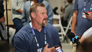 Apr 1, 2025; Palm Beach, FL, USA;  Detroit Lions head coach Dan Campbell answers questions from the media during the NFL Annual League Meeting at The Breakers. Mandatory Credit: Jim Rassol-Imagn Images