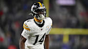 Jan 11, 2025; Baltimore, Maryland, USA; Pittsburgh Steelers wide receiver George Pickens (14) looks on in the third quarter against the Baltimore Ravens in an AFC wild card game at M&T Bank Stadium. Mandatory Credit: Tommy Gilligan-Imagn Images