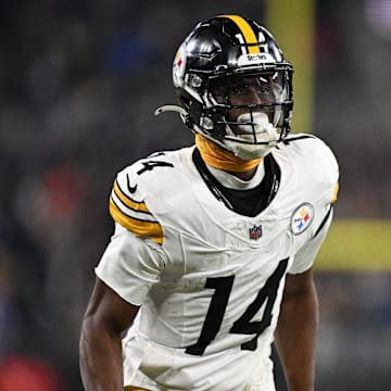 Jan 11, 2025; Baltimore, Maryland, USA; Pittsburgh Steelers wide receiver George Pickens (14) looks on in the third quarter against the Baltimore Ravens in an AFC wild card game at M&T Bank Stadium. Mandatory Credit: Tommy Gilligan-Imagn Images