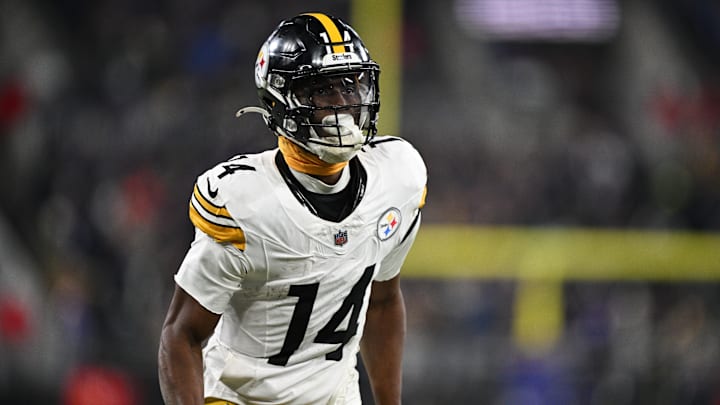 Jan 11, 2025; Baltimore, Maryland, USA; Pittsburgh Steelers wide receiver George Pickens (14) looks on in the third quarter against the Baltimore Ravens in an AFC wild card game at M&T Bank Stadium. Mandatory Credit: Tommy Gilligan-Imagn Images Jan 11, 2025; Baltimore, Maryland, USA; Pittsburgh Steelers wide receiver George Pickens (14) looks on in the third quarter against the Baltimore Ravens in an AFC wild card game at M&T Bank Stadium. Mandatory Credit: Tommy Gilligan-Imagn Images