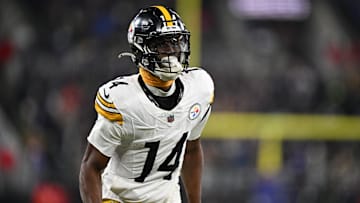 Jan 11, 2025; Baltimore, Maryland, USA; Pittsburgh Steelers wide receiver George Pickens (14) looks on in the third quarter against the Baltimore Ravens in an AFC wild card game at M&T Bank Stadium. Mandatory Credit: Tommy Gilligan-Imagn Images