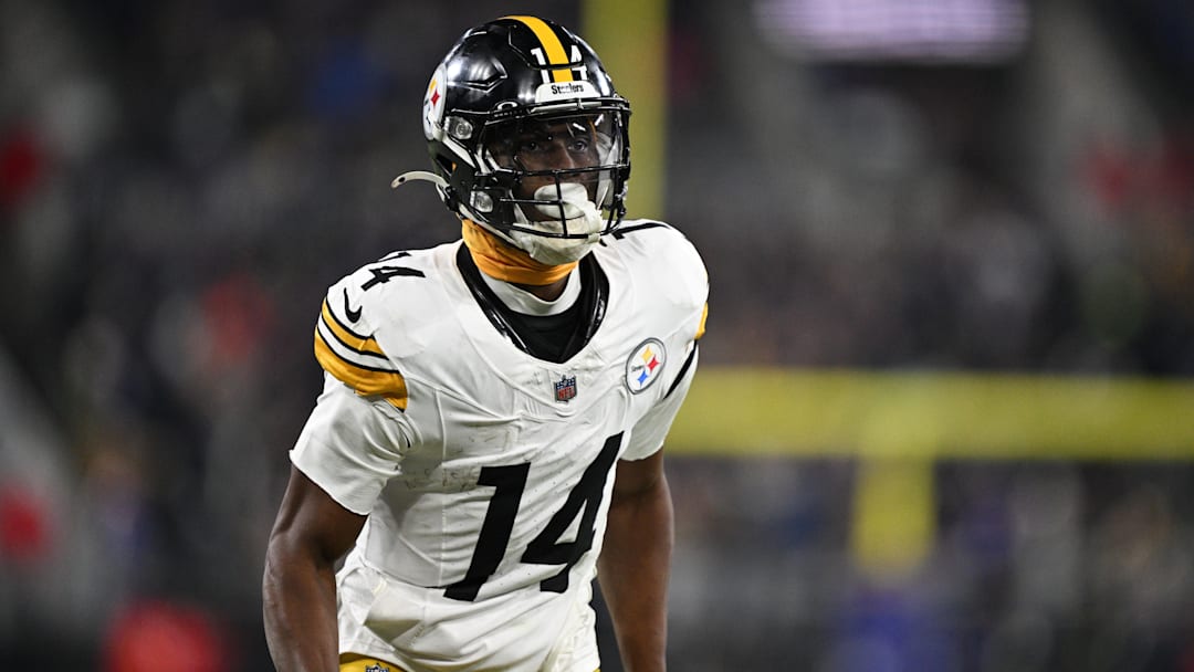 Jan 11, 2025; Baltimore, Maryland, USA; Pittsburgh Steelers wide receiver George Pickens (14) looks on in the third quarter against the Baltimore Ravens in an AFC wild card game at M&T Bank Stadium. Mandatory Credit: Tommy Gilligan-Imagn Images