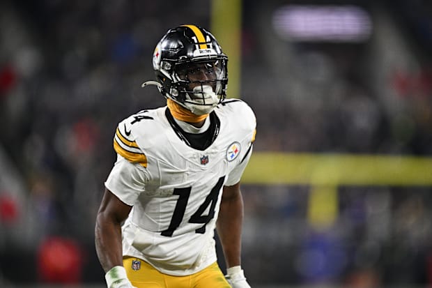 Pittsburgh Steelers wide receiver George Pickens looks on in the third quarter against the Baltimore Ravens. Pittsburgh Steelers wide receiver George Pickens looks on in the third quarter against the Baltimore Ravens.