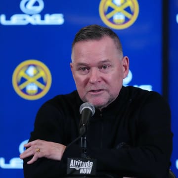 Mar 31, 2024; Denver, Colorado, USA; Denver Nuggets head coach Michael Malone speaks to the media before the game against the Cleveland Cavaliers at Ball Arena. Mandatory Credit: Ron Chenoy-USA TODAY Sports