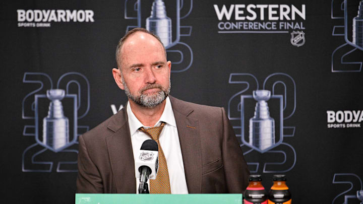 May 29, 2025; Dallas, Texas, USA; Dallas Stars head coach Pete DeBoer speaks to the media after the game against the Edmonton Oilers in game five of the Western Conference Final of the 2025 Stanley Cup Playoffs at American Airlines Center. Mandatory Credit: Jerome Miron-Imagn Images