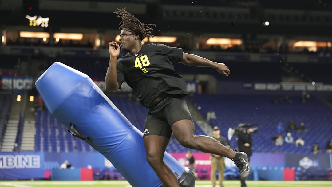 Feb 26, 2026; Indianapolis, IN, USA; UCF defensive lineman Malachi Lawrence (DL48) during the NFL Scouting Combine at Lucas Oil Stadium. Mandatory Credit: Kirby Lee-Imagn Images Feb 26, 2026; Indianapolis, IN, USA; UCF defensive lineman Malachi Lawrence (DL48) during the NFL Scouting Combine at Lucas Oil Stadium. Mandatory Credit: Kirby Lee-Imagn Images