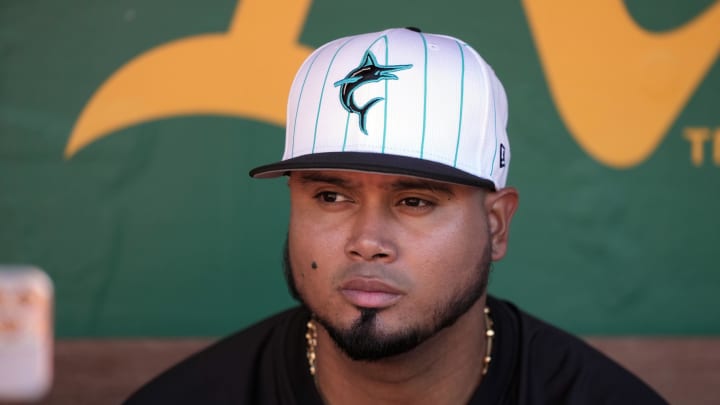 May 3, 2024; Oakland, California, USA; Miami Marlins second baseman Luis Arraez (3) sits in the