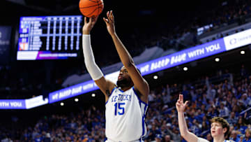 Feb 11, 2025; Lexington, Kentucky, USA; Kentucky Wildcats forward Ansley Almonor (15) shoots the ball during the second half against the Tennessee Volunteers at Rupp Arena at Central Bank Center. Mandatory Credit: Jordan Prather-Imagn Images