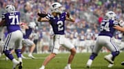 Kansas State quarterback Avery Johnson (2) throws a pass against Rutgers during second half of the Rate Bowl at Chase Field on Dec. 26, 2024, in Phoenix.
