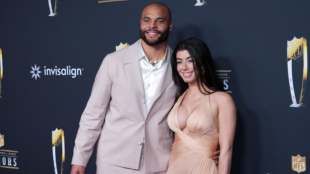 Feb 5, 2026; San Francisco, CA, USA; Dallas Cowboys quarterback Dak Prescott and Sarah Jane Ramos pose on the NFL Honors Red Carpet before Super Bowl LX at Palace of Fine Arts.