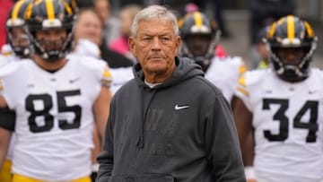 Oct 14, 2023; Madison, Wisconsin, USA;  Iowa Hawkeyes head coach Kirk Ferentz prior to the game against the Wisconsin Badgers at Camp Randall Stadium. Mandatory Credit: Jeff Hanisch-USA TODAY Sports