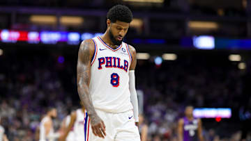 Jan 1, 2025; Sacramento, California, USA; Philadelphia 76ers forward Paul George (8) walks up the court during the fourth quarter against the Sacramento Kings at Golden 1 Center. Mandatory Credit: Sergio Estrada-Imagn Images