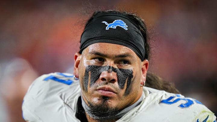 Oct 12, 2025; Kansas City, Missouri, USA; Detroit Lions defensive tackle Roy Lopez (51) reacts during the second half against the Kansas City Chiefs at GEHA Field at Arrowhead Stadium. Mandatory Credit: Jay Biggerstaff-Imagn Images