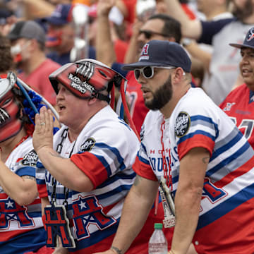 Apr 2, 2023; Houston, TX, USA;  Fans cheer for the Houston Roughnecks as they Olay against the St. Louis Battlehawks in the second quarter at TDECU Stadium. Mandatory Credit: Thomas Shea-Imagn Images