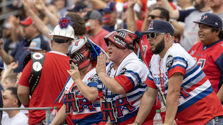 Apr 2, 2023; Houston, TX, USA;  Fans cheer for the Houston Roughnecks as they Olay against the St. Louis Battlehawks in the second quarter at TDECU Stadium. Mandatory Credit: Thomas Shea-Imagn Images