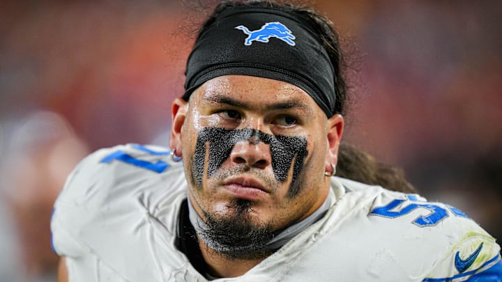 Oct 12, 2025; Kansas City, Missouri, USA; Detroit Lions defensive tackle Roy Lopez (51) reacts during the second half against the Kansas City Chiefs at GEHA Field at Arrowhead Stadium.