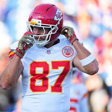 Nov 2, 2025; Orchard Park, New York, USA; Kansas City Chiefs tight end Travis Kelce (87) warms up before the game against the Buffalo Bills at Highmark Stadium. Mandatory Credit: Gregory Fisher-Imagn Images