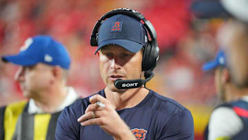 Aug 22, 2025; Kansas City, Missouri, USA; Chicago Bears head coach Ben Johnson on field against the Kansas City Chiefs during the second half of the game at GEHA Field at Arrowhead Stadium. Mandatory Credit: Denny Medley-Imagn Images