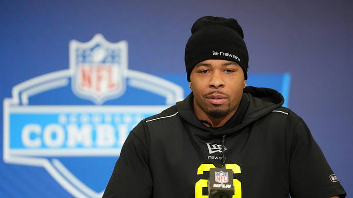 Feb 25, 2026; Indianapolis, IN, USA; Missouri linebacker Josiah Trotter (LB26) speaks during the NFL Scouting Combine at the Indiana Convention Center. Mandatory Credit: Kirby Lee-Imagn Images