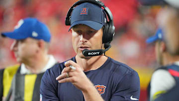 Chicago Bears head coach Ben Johnson on the field against the Kansas City Chiefs during the second half of the game at GEHA Field at Arrowhead Stadium. M