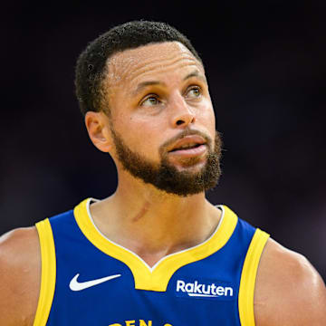 Nov 4, 2025; San Francisco, California, USA; Golden State Warriors guard Stephen Curry (30) looks on against the Phoenix Suns in the third quarter at Chase Center. Mandatory Credit: Eakin Howard-Imagn Images