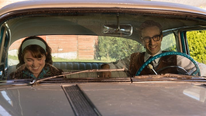 L-R: Jess Gabor as Janet Hamilton and Josh Zuckerman as Mr. Martin in School Spirits, episode 2, season 2