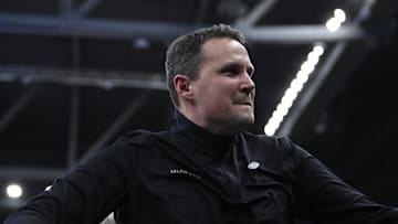 Mar 20, 2025; Providence, RI, USA;  McNeese State Cowboys head coach Will Wade  celebrates after defeating the Clemson Tigers at Amica Mutual Pavilion. Mandatory Credit: Eric Canha-Imagn Images