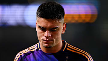 Apr 12, 2025; Carson, California, USA; LA Galaxy forward Gabriel Pec  (11) walks to a corner kick during the first half against the Houston Dynamo FC at Dignity Health Sports Park. Mandatory Credit: Kelvin Kuo-Imagn Images