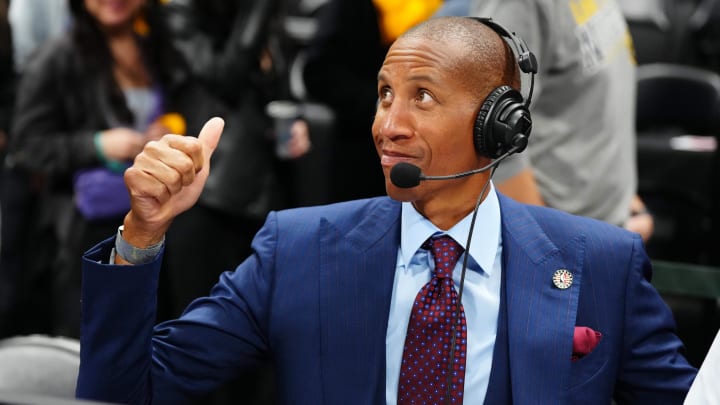 Nov 14, 2023; Denver, Colorado, USA; American former professional basketball player Reggie Miller reacts after the game between the LA Clippers against the Denver Nuggets at Ball Arena. Mandatory Credit: Ron Chenoy-USA TODAY Sports