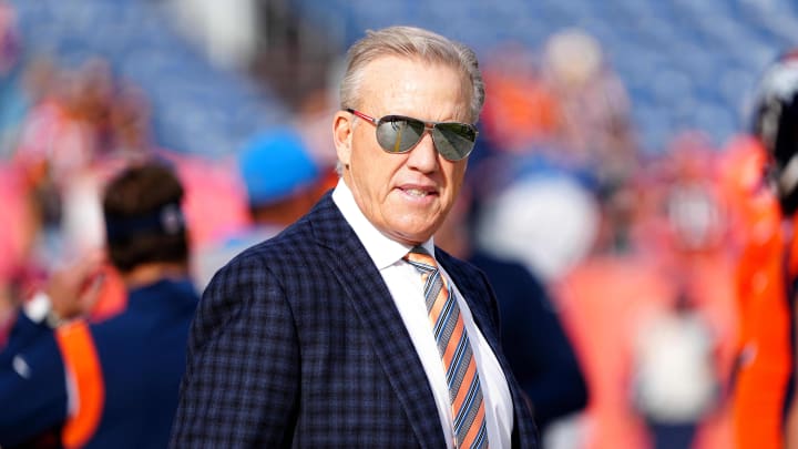 Nov 28, 2021; Denver, Colorado, USA; Denver Broncos president of football operations John Elway before the game against the Los Angeles Chargers at Empower Field at Mile High. Mandatory Credit: Ron Chenoy-USA TODAY Sports