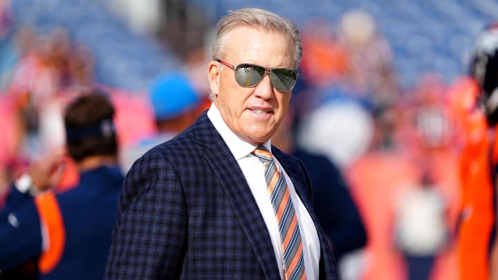 Nov 28, 2021; Denver, Colorado, USA; Denver Broncos president of football operations John Elway before the game against the Los Angeles Chargers at Empower Field at Mile High. Mandatory Credit: Ron Chenoy-USA TODAY Sports