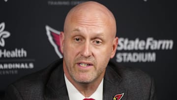 Cardinals general manager Monti Ossenfort speaks about Walter Nolen during a news conference inside the Arizona Cardinals training facility on April 24, 2025, in Tempe.