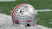 Jan 18, 2025; Atlanta, GA, USA; A Ohio State Buckeyes helmet on the field during practice at Mercedes-Benz Stadium. Mandatory Credit: Kirby Lee-Imagn Images