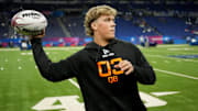 Mar 1, 2025; Indianapolis, IN, USA; Mississippi quarterback Jaxson Dart (QB03) during the 2025 NFL Combine at Lucas Oil Stadium. Mandatory Credit: Kirby Lee-Imagn Images