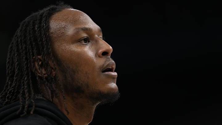 Mar 28, 2026; Milwaukee, Wisconsin, USA;  Milwaukee Bucks center Myles Turner (3) during warmups prior to the game against the San Antonio Spurs at Fiserv Forum. Mandatory Credit: Jeff Hanisch-Imagn Images