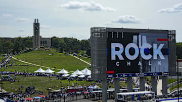 Aug 23, 2025; Lawrence, Kansas, USA; A general view of the scoreboard prior to a game between the Kansas Jayhawks and the Fresno State Bulldogs at David Booth Kansas Memorial Stadium. Mandatory Credit: Jay Biggerstaff-Imagn Images