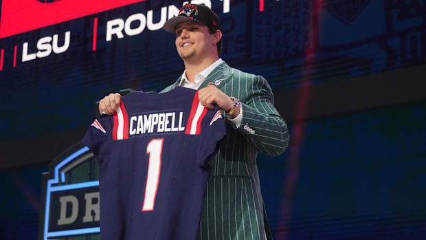 Apr 24, 2025; Green Bay, WI, USA; LSU Tigers offensive lineman Will Campbell is selected by the New England Patriots