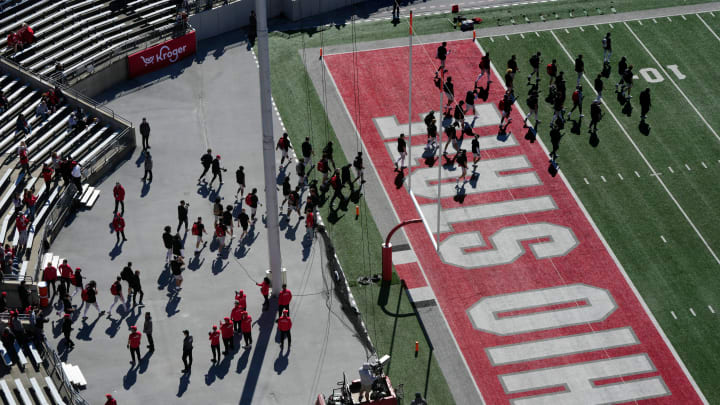 April 13, 2024; Columbus, Ohio, USA; 
Ohio State football players walk into Ohio Stadium before the