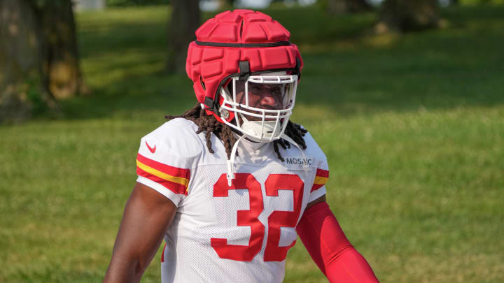 Jul 26, 2024; Kansas City, MO, USA; Kansas City Chiefs linebacker Nick Bolton (32) walks from the locker room to the fields prior to training camp at Missouri Western State University. Mandatory Credit: Denny Medley-USA TODAY Sports