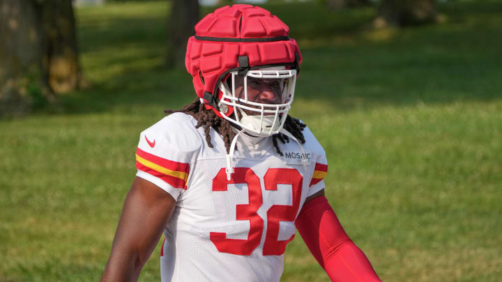 Jul 26, 2024; Kansas City, MO, USA; Kansas City Chiefs linebacker Nick Bolton (32) walks from the locker room to the fields prior to training camp at Missouri Western State University. Mandatory Credit: Denny Medley-USA TODAY Sports