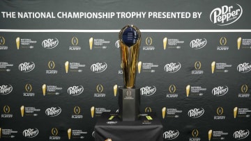 Jan 6, 2024; Houston, TX, USA; A general view of the National Championship Trophy during media day before the College Football Playoff national championship between the Michigan Wolverines and the Washington Huskies at George R Brown Convention Center. Mandatory Credit: Kirby Lee-USA TODAY Sports