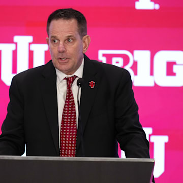Curt CIgnetti addresses reporters at the Big Ten's media days in Las Vegas.