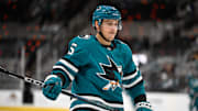 Oct 29, 2024; San Jose, California, USA; San Jose Sharks defenseman Matt Benning (5) skates against the Los Angeles Kings during the second period at SAP Center at San Jose. Mandatory Credit: Eakin Howard-Imagn Images
