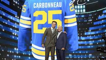 Jun 27, 2025; Los Angeles, California, USA; Justin Carbonneau is selected as the 19th overall pick to the St. Louis Blues in the first round of the 2025 NHL Draft at Peacock Theater. Mandatory Credit: Kirby Lee-Imagn Images