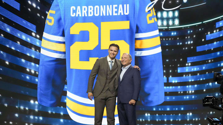 Jun 27, 2025; Los Angeles, California, USA; Justin Carbonneau is selected as the 19th overall pick to the St. Louis Blues in the first round of the 2025 NHL Draft at Peacock Theater. Mandatory Credit: Kirby Lee-Imagn Images