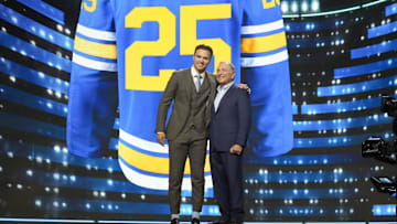 Jun 27, 2025; Los Angeles, California, USA; Justin Carbonneau is selected as the 19th overall pick to the St. Louis Blues in the first round of the 2025 NHL Draft at Peacock Theater. Mandatory Credit: Kirby Lee-Imagn Images